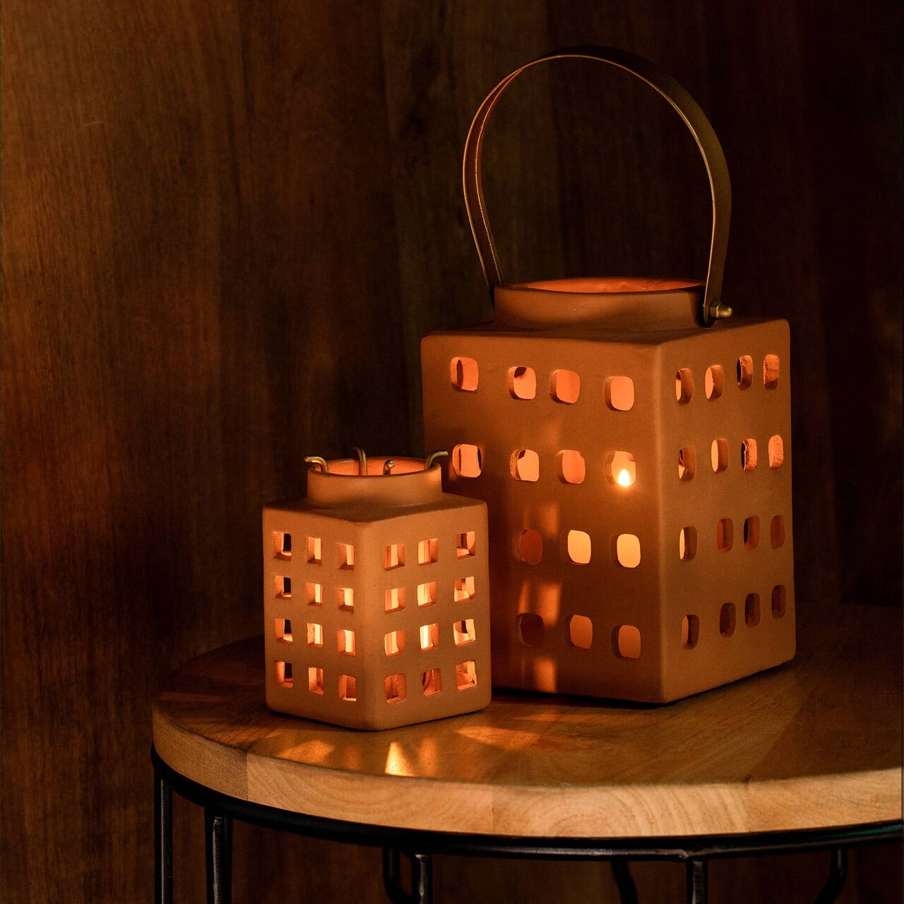 Handcrafted Terracotta Square Shape Lantern with Metal Handle